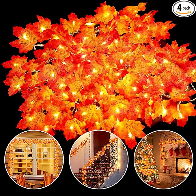 4PCS Fall Decor Thanksgiving Decorations for Home Table, Fall Leaves Garland Lights, 40FT 80LED Halloween Decorations: Indoor Outdoor Fall Home Room Decor, Autumn Harvest Party Wedding Decorations