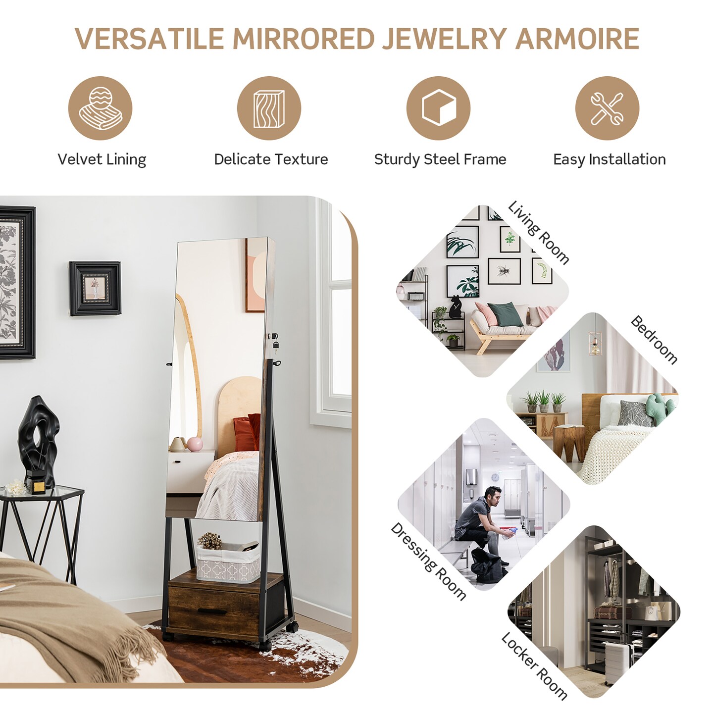 Costway Jewelry Cabinet Armoire Full Length Mirror Lockable with Bottom Drawer & Wheels White/Coffee/Black