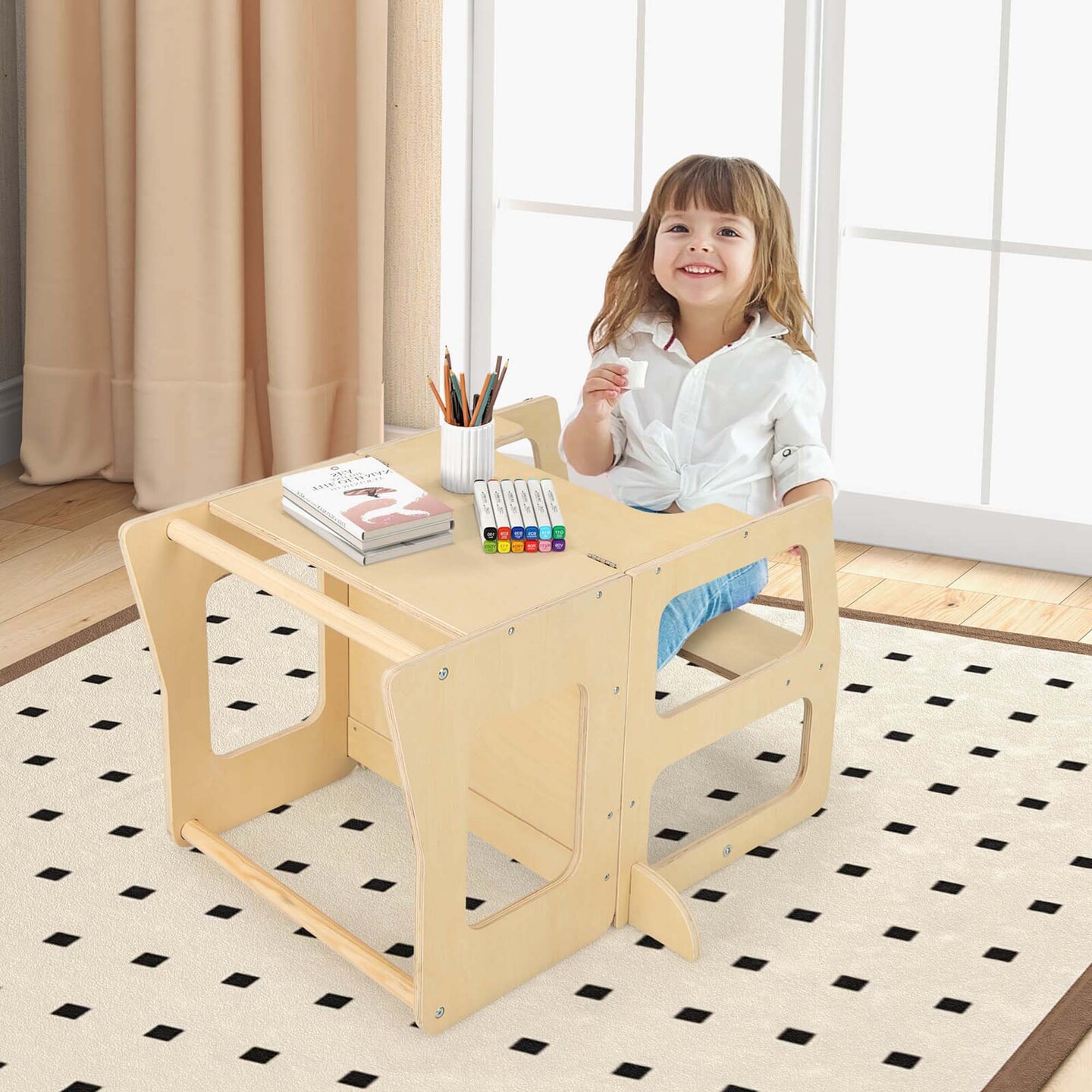 Costway 3-in-1 Foldable Kitchen Standing Tower for Toddlers with Chalkboard Weaning Table Natural