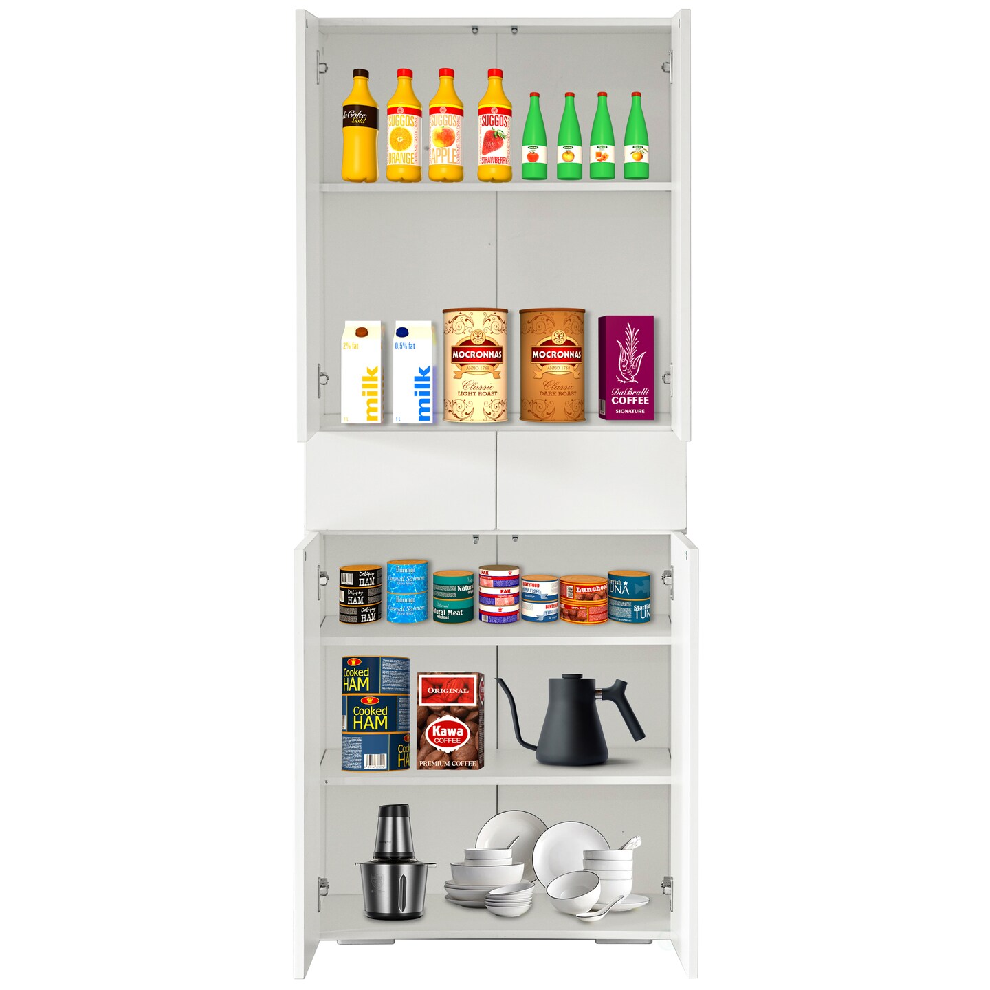 66-Inch Multi-Functional Finish Kitchen Pantry Cabinet with 4 Doors, 3 Adjustable Shelves, 2 Cabinets with 1 Drawer &#x2013; Elegant Freestanding Farmhouse Storage for Kitchen, Dining and Living Room