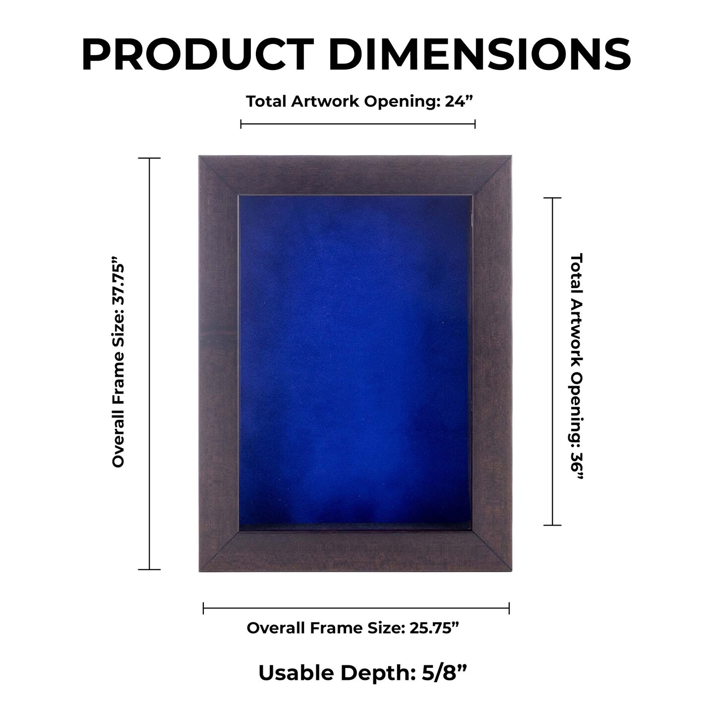 Rich Dark Brown Wood Shadow Box Frame with Acrylic Front - Royal Blue Suede Backing, 30 Sizes