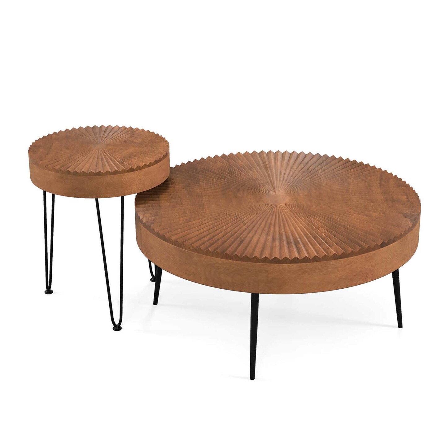 Costway Farmhouse Round CoffeeTable Set of 2 End Table Natural Finish for Living Room Coffee/Natural