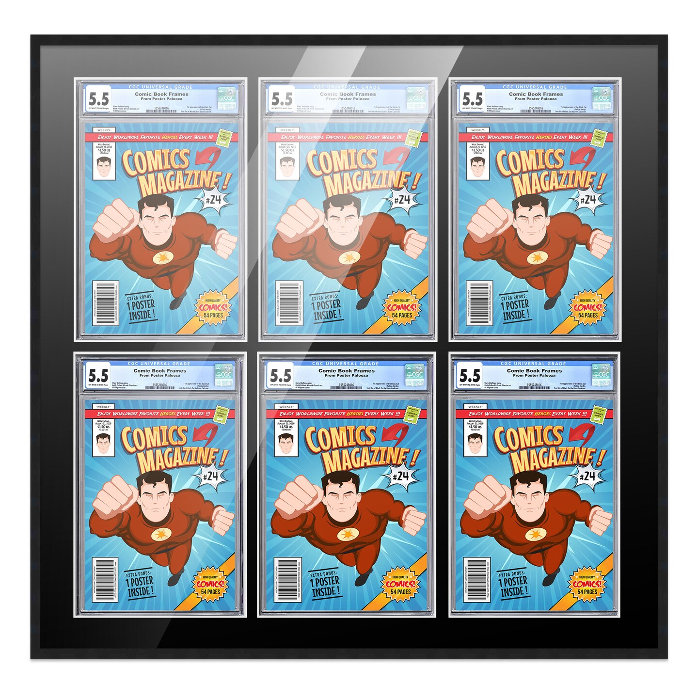 Comic Book Display Frame for CGC, PGX Graded, Slabed Comics - Black Wood Comic Frame With Black Mat for 8.125x13 Comics, 18 Frame Sizes