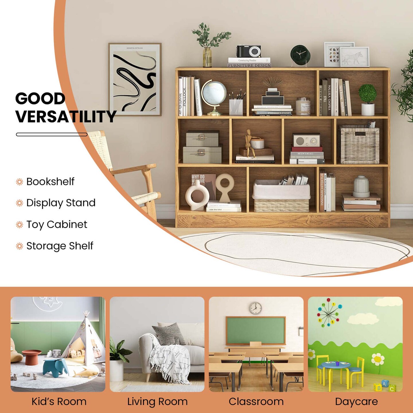 Costway 10-Cube Bookcase 41&#x22; Wooden Toy Storage Organizer for Kids Bookshelf White/Natural