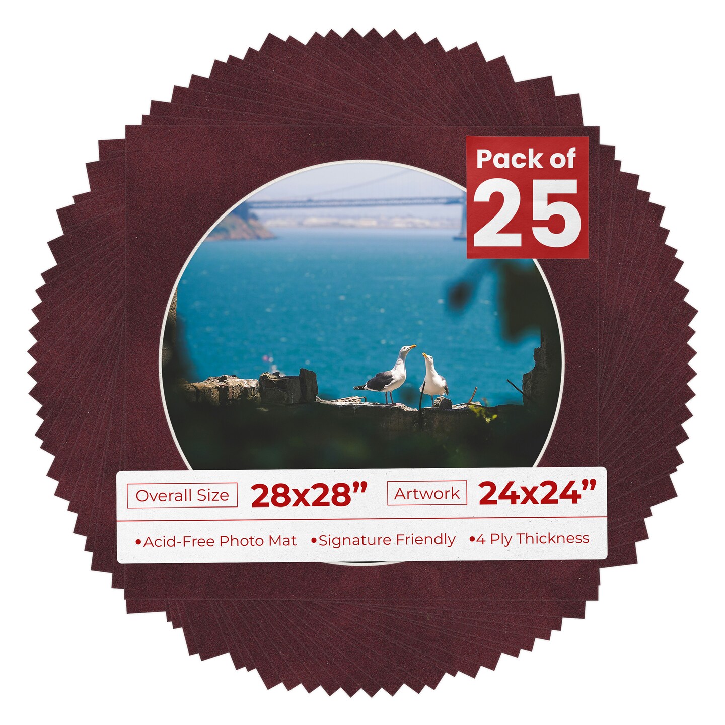 Dark Red Suede Mat Board for 28x28 Frames - Circle Opening for 24x24 Photos