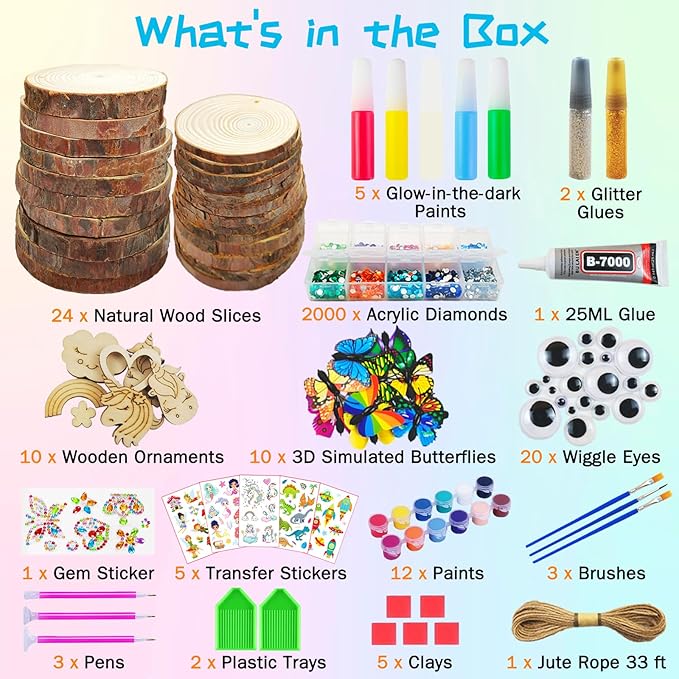 Wooden Crafts Kit for Kids-Glow in The Dark-Arts & Crafts Gifts for Boys Girls Age 6-12, 24 Wood Slices with Painting Craft Activities Kits, Creative Art Toys for 6 7 8 9 10 11 12 Year Old