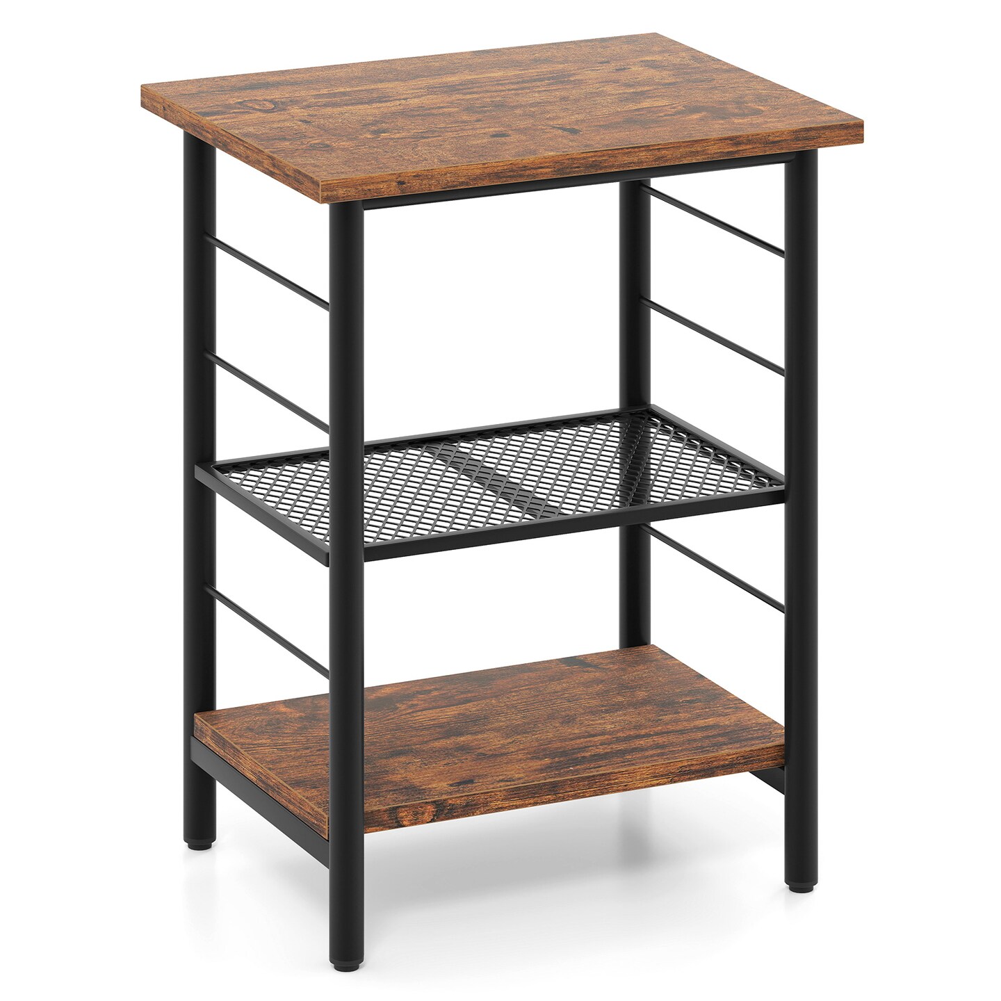 Rustic Brown Engineered Wood Metal 3-Tier Adjustable Shelf Side Table with Storage