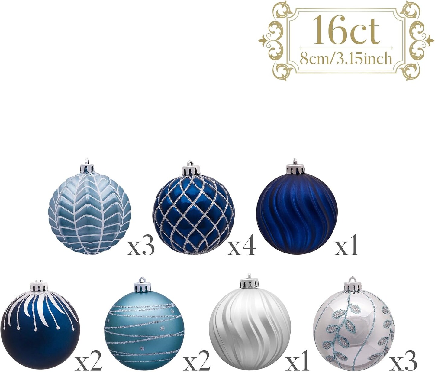 Christmas Ornaments Set, 16ct Navy Blue and Silver Shatterproof Fall Christmas Tree Decorations Ball Ornaments Bulk, 3.15 Inches Elegant Hanging Ornaments for Xmas Trees Decor