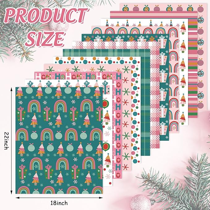 12Pcs Christmas Cotton Fabric Bundles Xmas Tree Snowflake Gift Box Fat Quarters Pink Green Checkered Printed Sewing Fabrics for DIY Handmade Crafting, 18 x 22 Inch