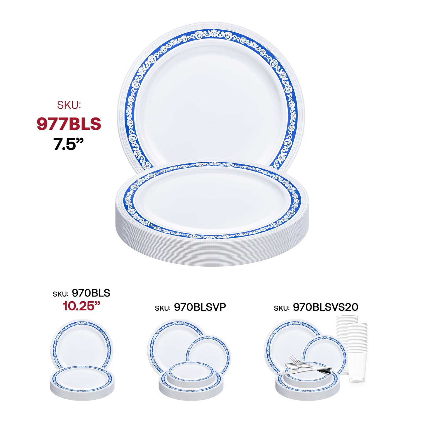 White with Blue and Silver Royal Rim Plastic Appetizer/Salad Plates - 7.5" (120 Plates)