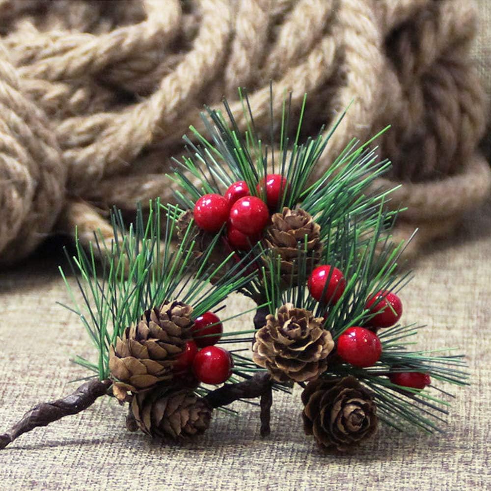 Red Berry Pinecones Pine Needles Stems Picks Artificial Winter Christmas Berries Decor for Crafts Christmas Garland and Holiday Wreath Ornaments, 20 Branch