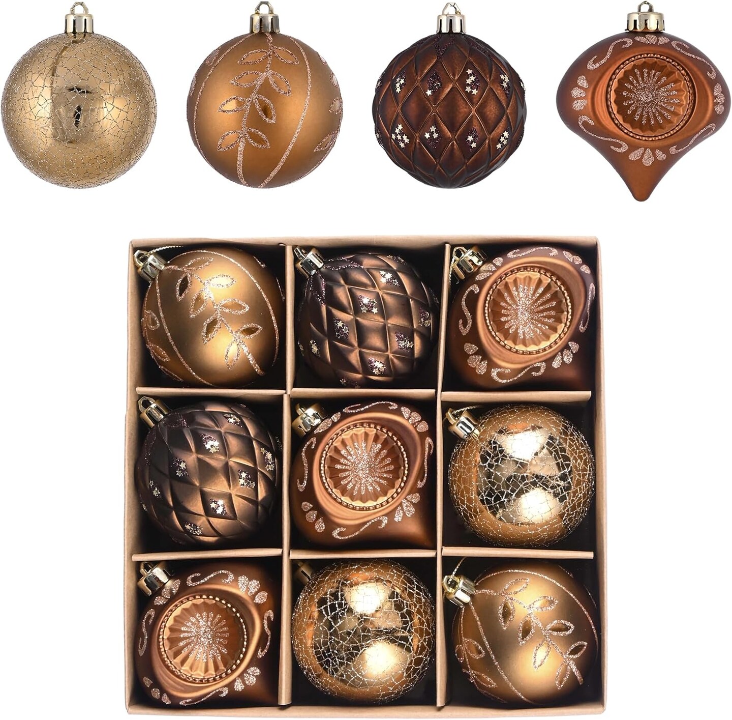 Christmas Ball Ornaments, 9ct Bronze Copper Brown and Gold Shatterproof Fall Christmas Tree Decorations Set, 2.76 Inches Luxury Hanging Ornaments for Xmas Trees Bulk Holiday Decor