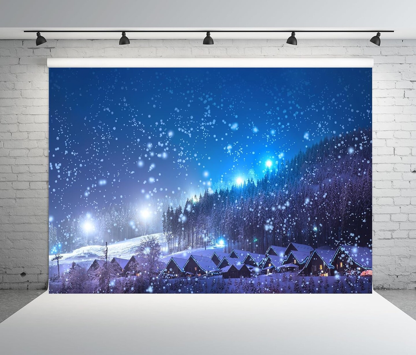 7x5ft Fabric Winter Christmas Village Backdrop Blue Night Sky Snow Scene Snowfall Snowflakes Fir Trees Forest Backdrop Winter Wonderland Christmas Party Decorations Kids Family Photo Props