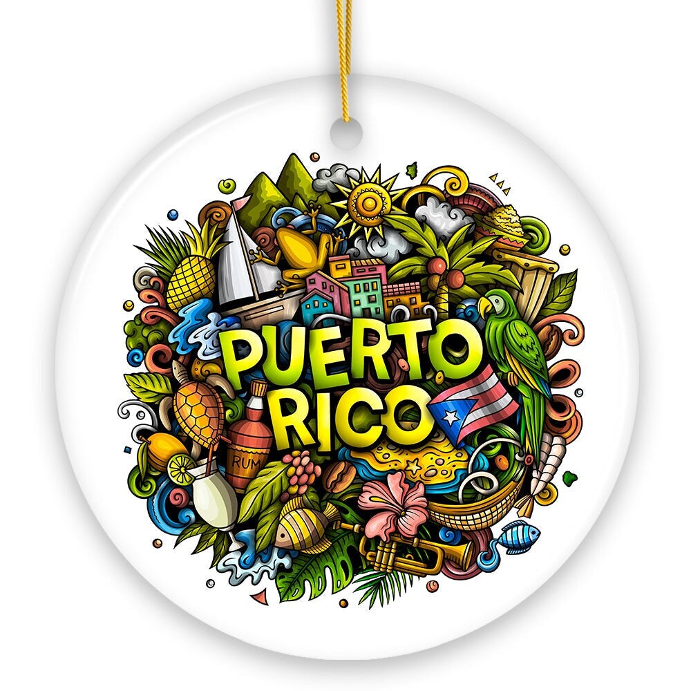 Puerto Rico Symbols Graphic Art on Ceramic Ornament, Rican Culture Christmas Gift