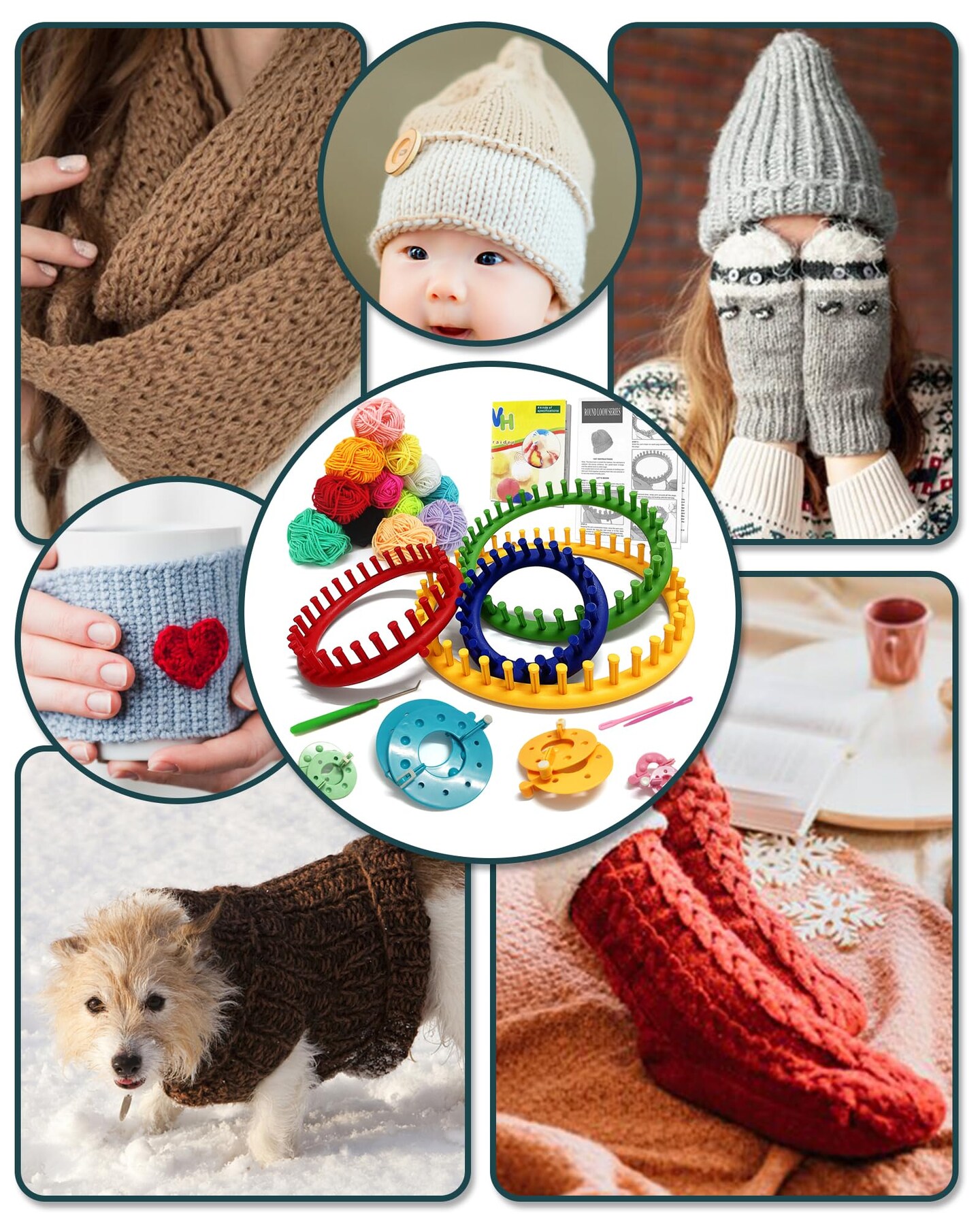 UCDRMA Loom Knitting Kit with Yarn, 23PCS Round Knitting Loom Kit for Beginners Including Instructions and Pom Pom Maker, Easy & Quick Hat Knitting Loom Set/Scarf Loom Knitting Set for Family