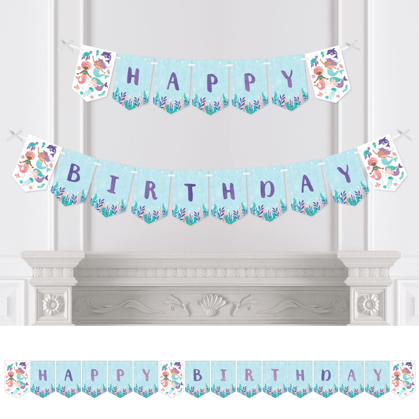 Big Dot of Happiness Mermaid Happy Birthday Party Banner, Mermaid Characters Party Decorations - Happy Birthday Bunting Banner