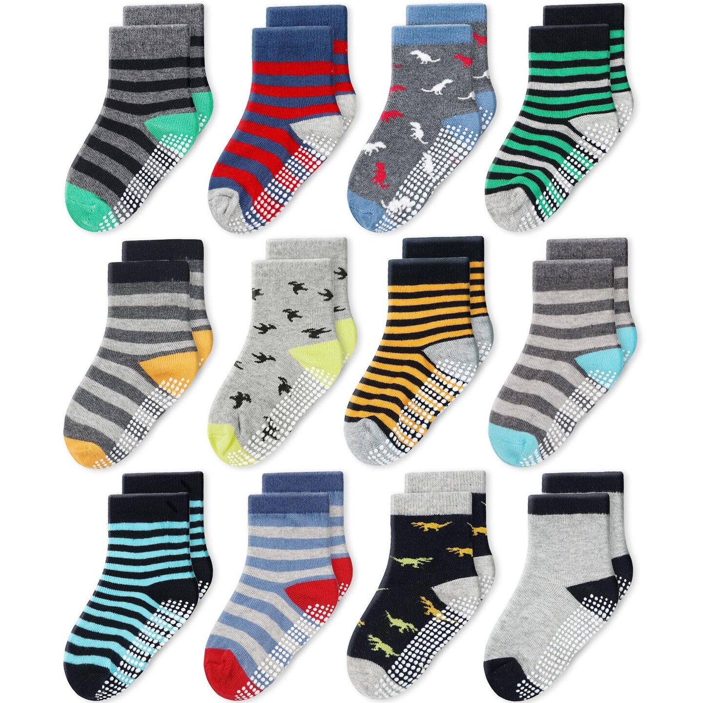 CozyWay Kids Socks With Grippers Non Slip Crew Grip Socks for Boys Soft Comfy Cotton Multicolor - 5-7 Years - 12 Pack