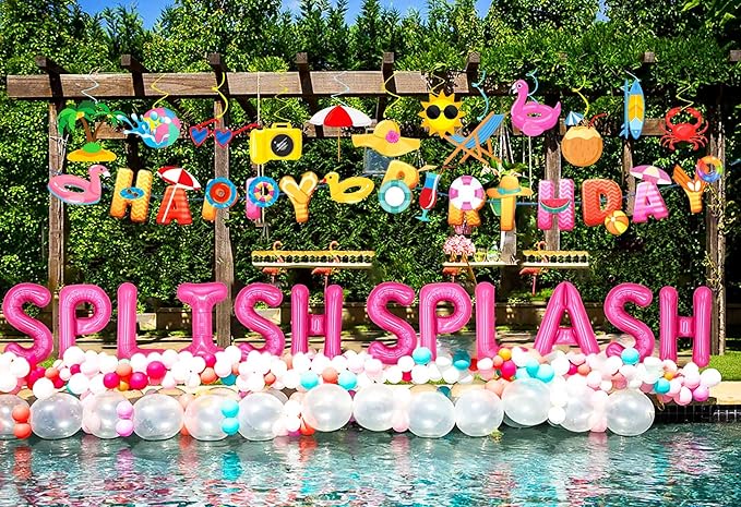 Girls Pool Party Happy Birthday Banner Pool Party Balloons Decoration Summer Birthday Decorations Splish Splash Birthday Decorations Beach Birthday Party Decorations