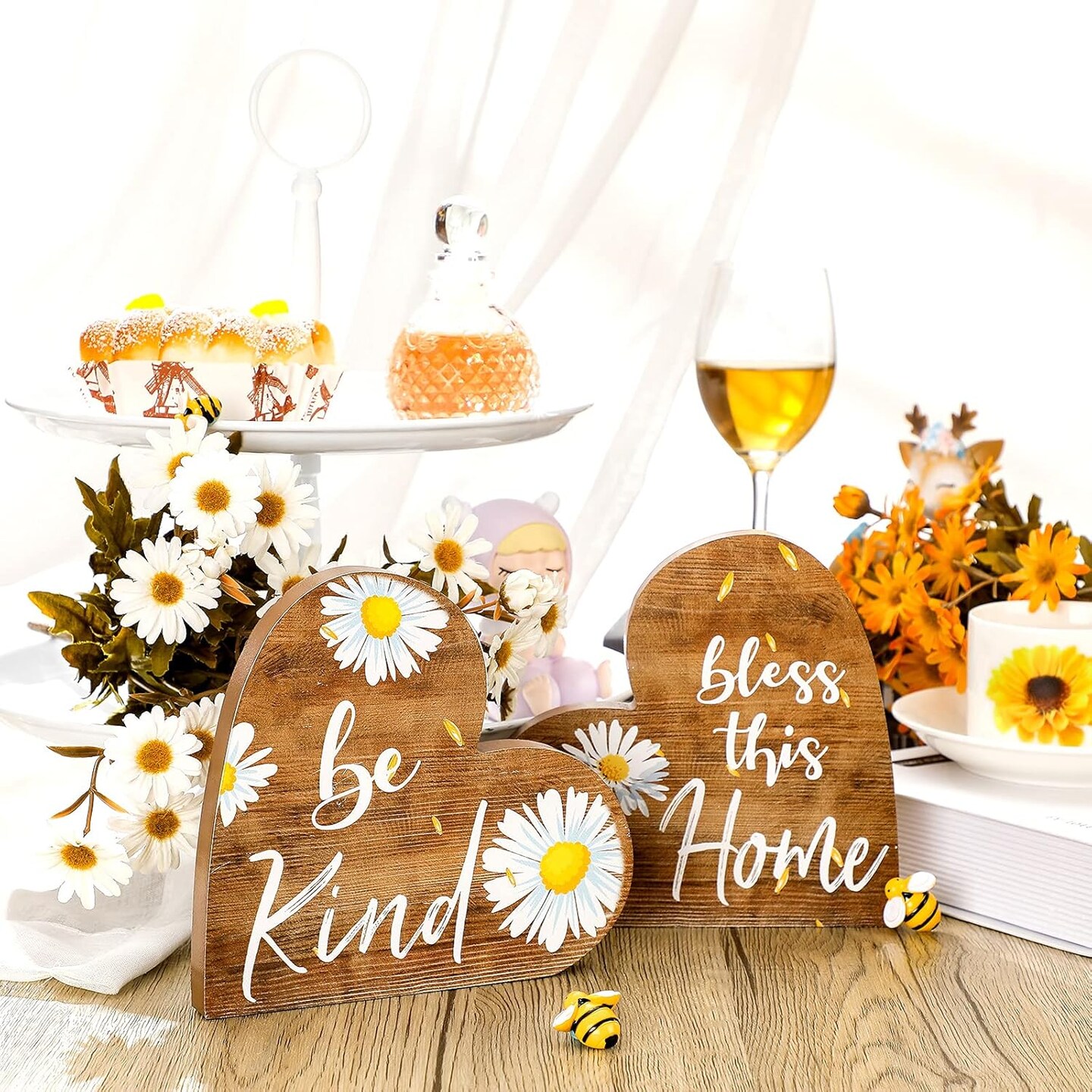 2 Pcs Rustic Table Decorations for Living Room Home Farmhouse Table Centerpieces Small Love Wooden Heart Decor for Dining Room Shelf Housewarming Gifts New House Decoration(Daisy Style)
