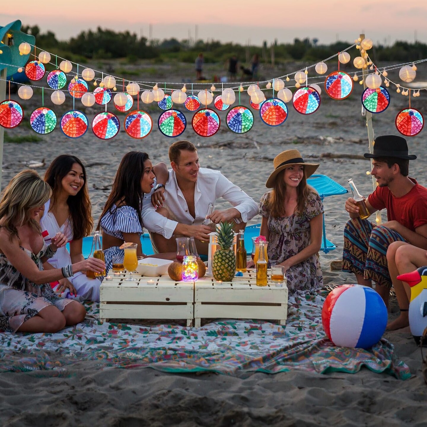 24 Sets Summer Crafts Beach Ball Paper Craft Kits Tissue Paper Sign with Colorful Sticker Acetates DIY Beach Ball Art Kits