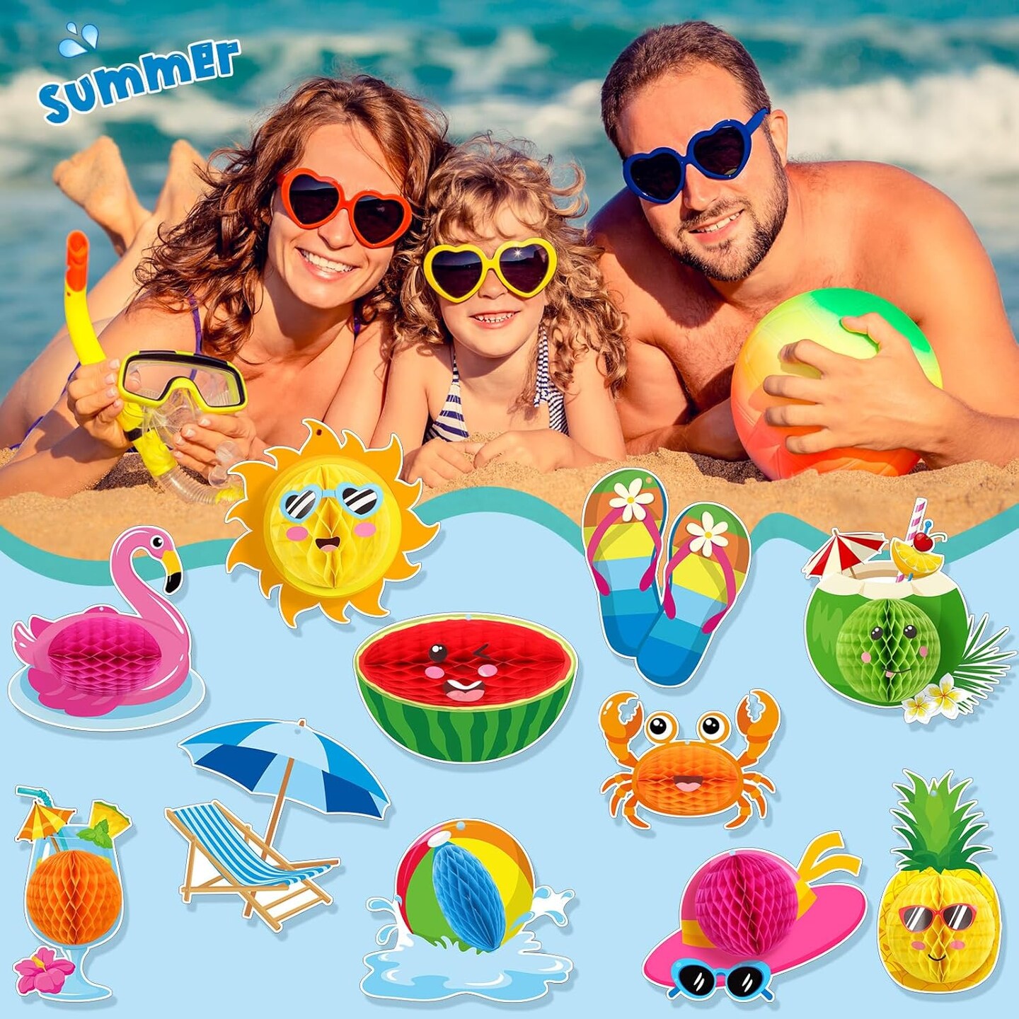 11 Pcs Summer Beach Party Hanging Decorations School&#x27;s Out for Summer Ceiling Hanging Decor with 3D Honeycomb Ball End of School Year Pool Party Ornaments for Luau Hawaii Grad Beach Vacation