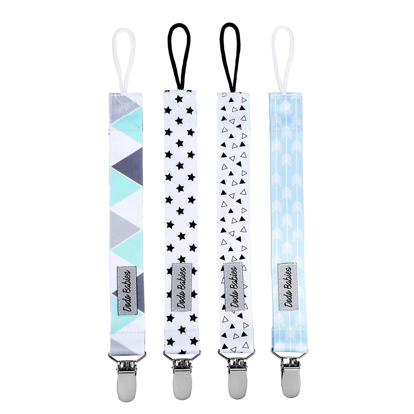 Dodo Babies Pacifier Clip Set - Four Clips Plus Binky Case - Universal Holder Fits Most Paci Brands, Teether Toys and Car Seats - Blue and White Prints for Girls or Boys