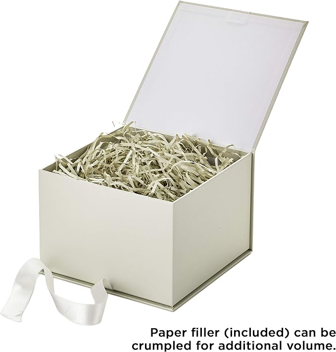 Medium Gift Box with Lid and Shredded Paper Fill (Grey White 7 inch Box) for Weddings, Bridal Showers, Graduations, Birthdays, Bridesmaids Gifts, All Occasion
