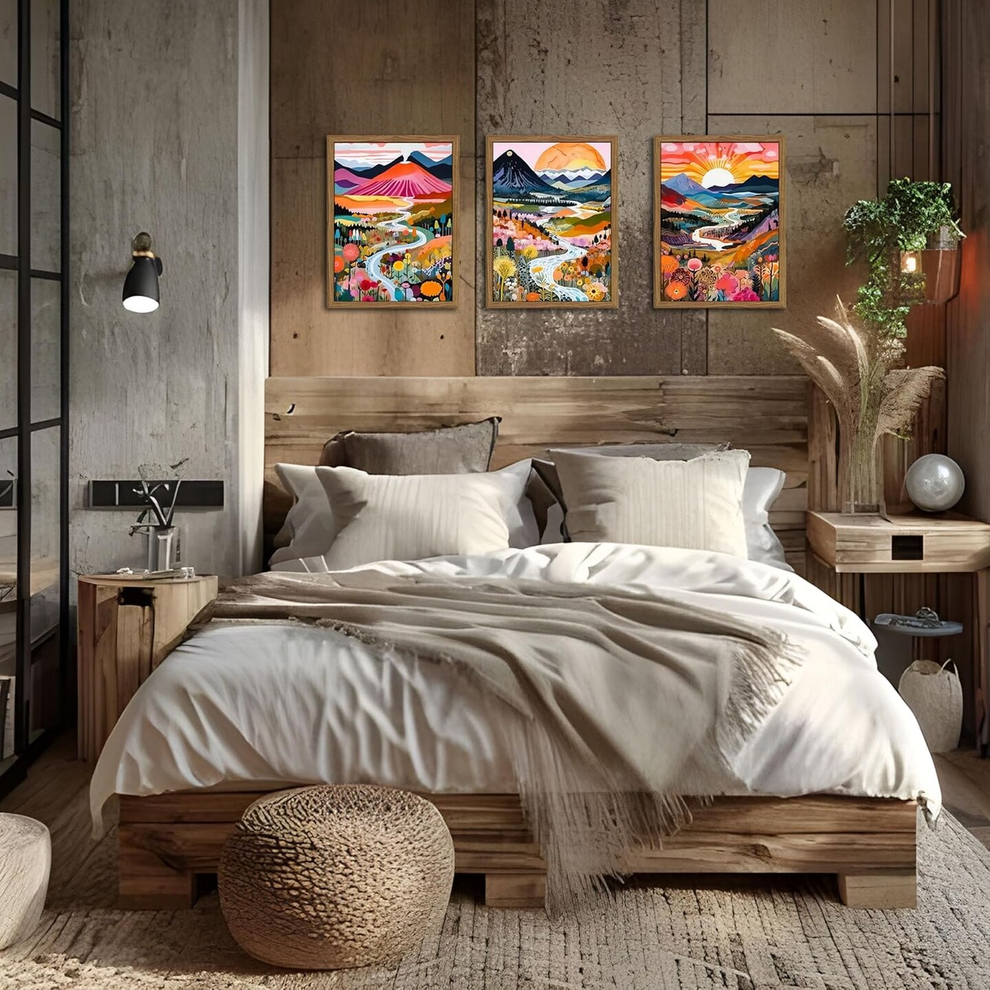 Wood Frame Boho Colorful Wall Art, Set of 3 Abstract Watercolor Mountain Landscape Wall Decor Painting, Modern Flower Aesthetic Posters Prints for Living Room Bathroom Bedroom 12x16In Framed