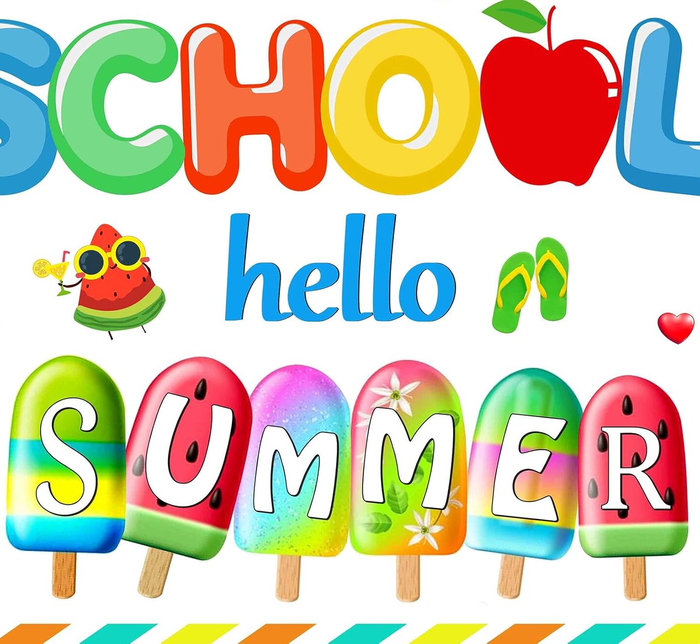 So Long School Hello Summer Backdrop Banner Colorful Sun Popsicle Party Decorations for Summer Vacation End of School Year Graduation Photography Background for Hawaii Pool Party Supplies