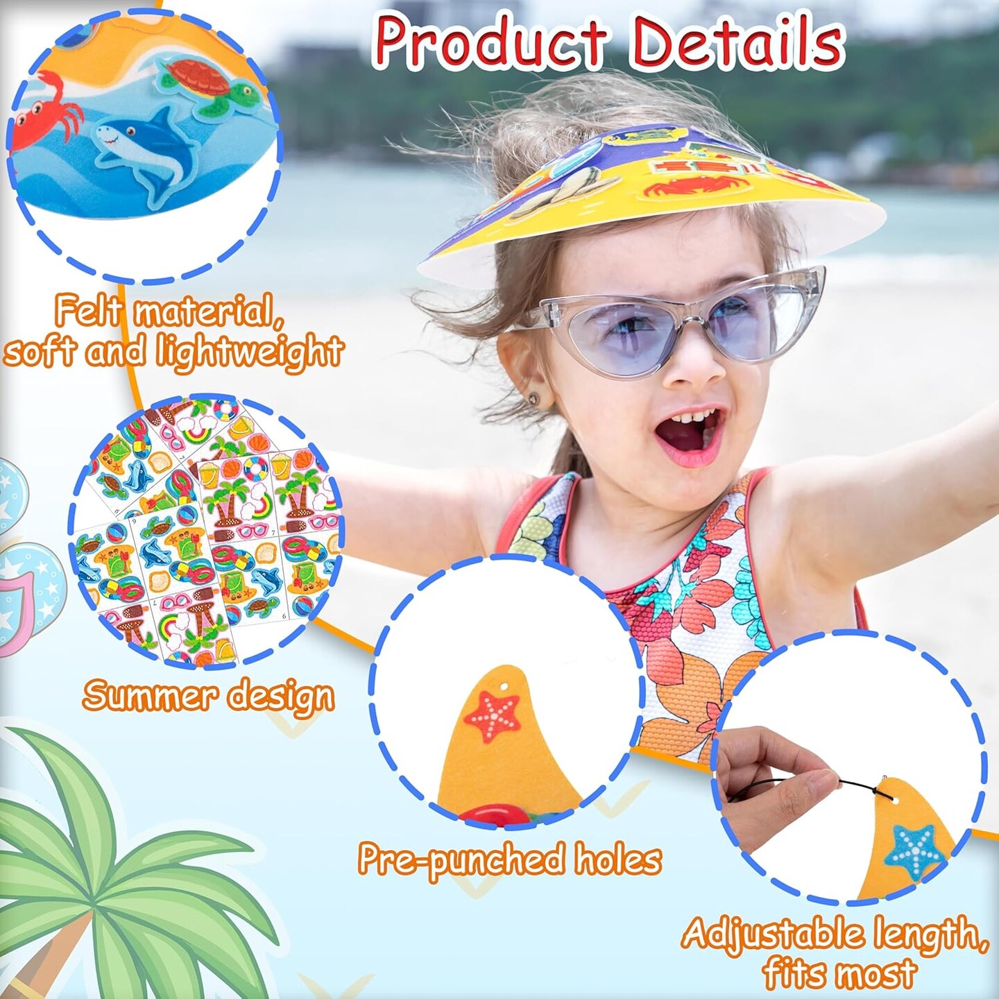 Summer Felt Visor Hats Crafts Kits for Kids Bulk, DIY Beach Sun Visor Hat Activities with Stickers for Hawaiian/Luau/Under-The-Sea Party Supplies