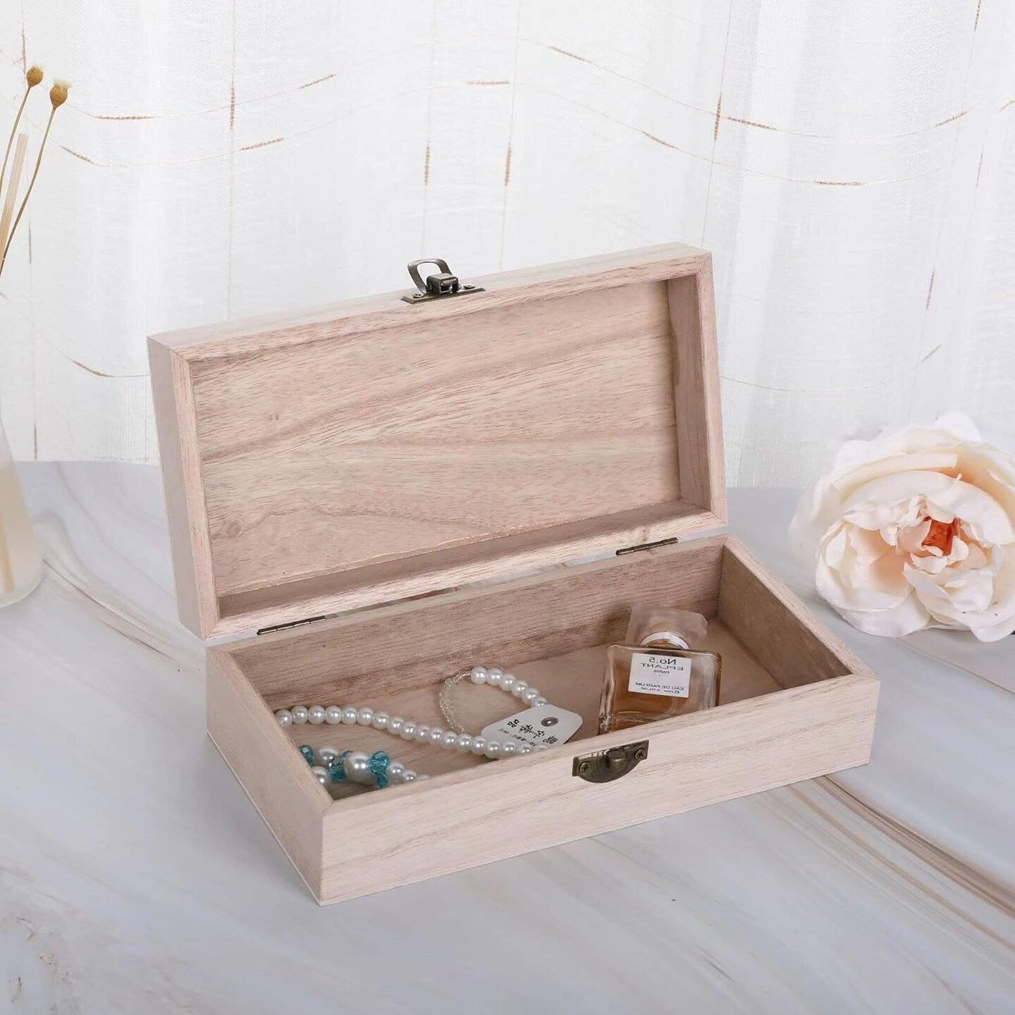 Unfinished wooden box, 8x4x2.3 inch storage box with hinge lid, small wooden box with rectangular souvenir and craft