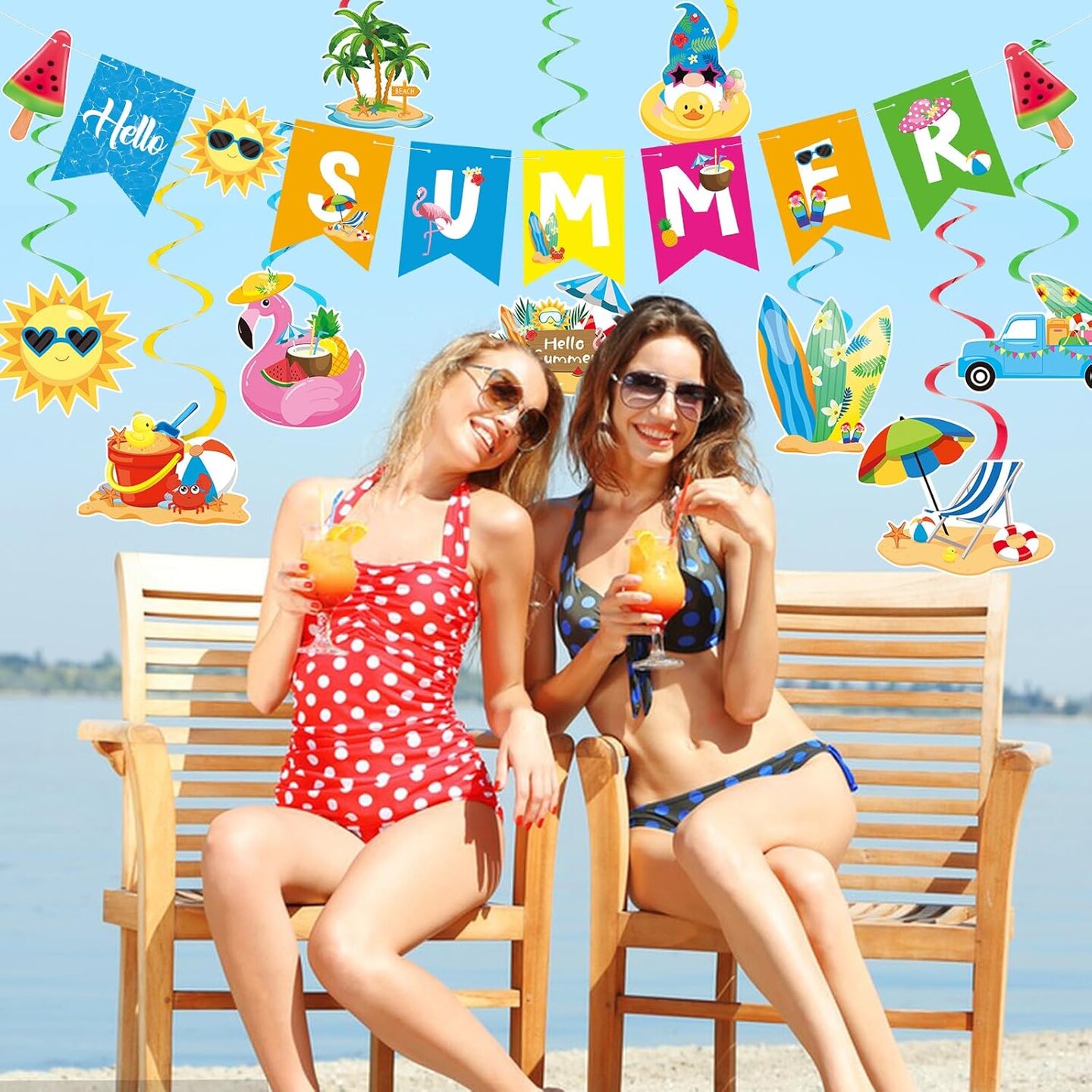 Summer Party Decorations, Beach Party Decorations Hello Summer Banner &#x26; No-DIY Pool Party Decorations Hanging Swirls Streamers Ceiling Decor for Kids Luau Hawaii Home Office School Classroom