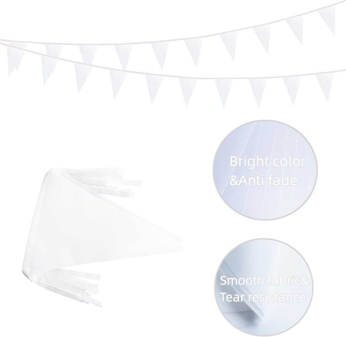 50 Feet 30 Pcs Solid White Pennant Banner Flags String Hanging Triangle DIY Flags, Bunting Streamers Decorations for Grand Opening, Birthday, Wedding, Party Celebration