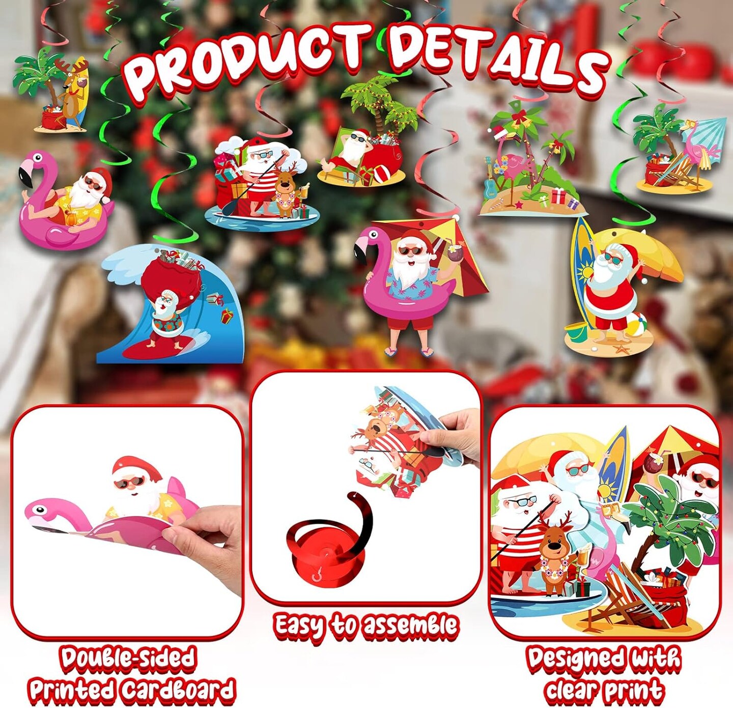 30 Pieces Summer Christmas Hanging Swirls Decor July Summer Hanging Swirl Christmas Ceiling Wall Streamers Decoration Summer Beach Party Supplies Foil Swirl for Xmas Holiday Party Supplies