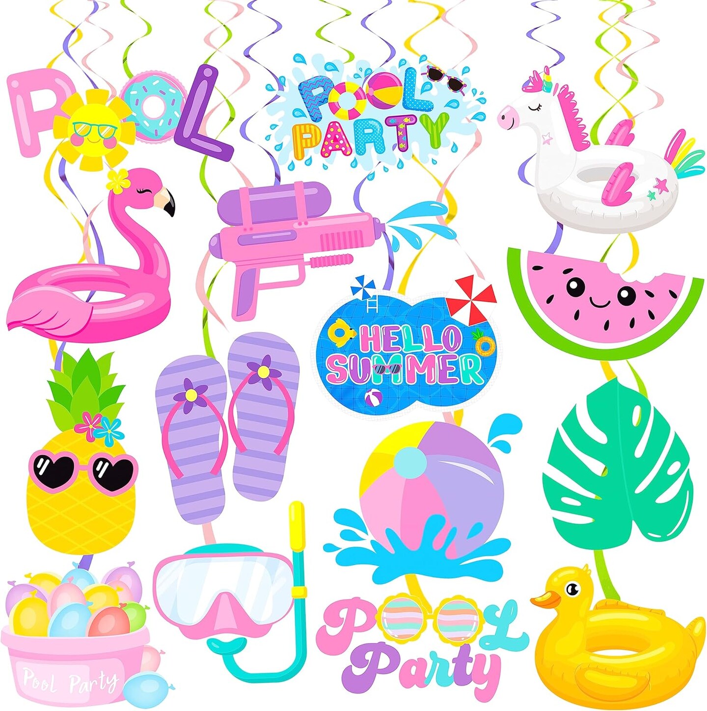 Splish Splash Birthday Decorations Foil Balloons Pool Birthday Party Banner Summer Pool Party Hanging Swirls for Girls Summer Beach Party Hawaiian Luau Tropical Party Decorations