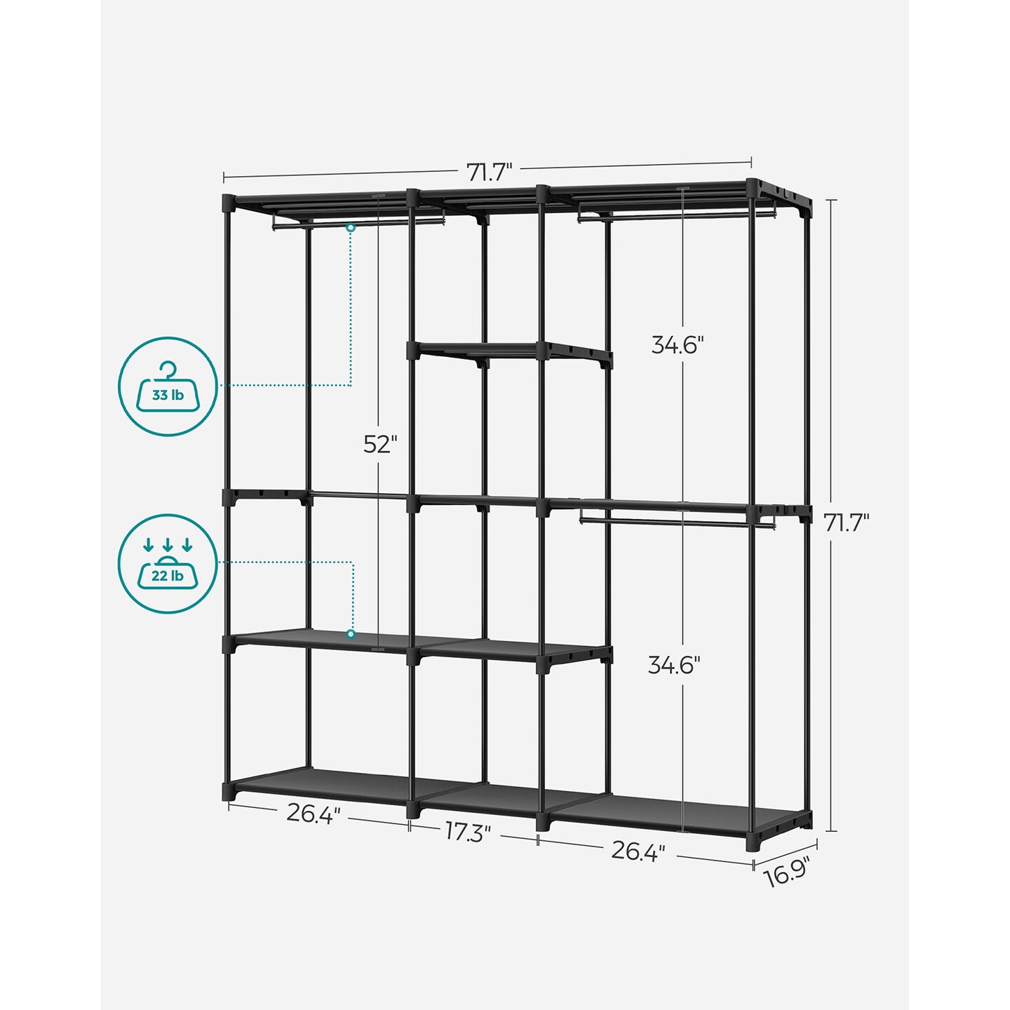 Black Metal Tubes & Plastic Connectors Fabric Shelves Portable Closet Wardrobe Rack, 3 Hanging Sections, Adjustable Shelving Design, Heavy-Duty Storage Organizer