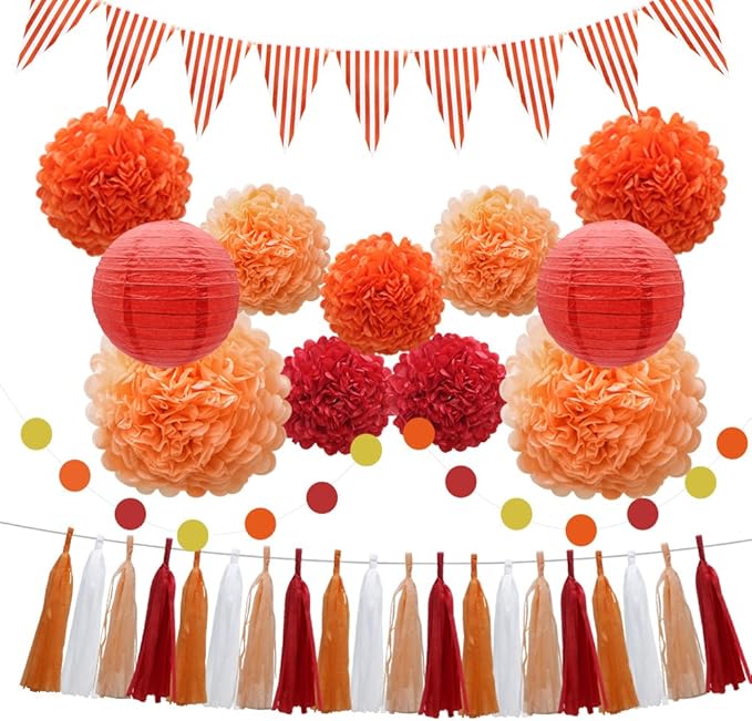 33pcs Party Decorations Supplies Set, Paper Lanterns Tissue Pom Poms Flowers Tassels Hanging Garland Banner Triangle Flag Bunting for Birthday, Baby Shower, Wedding Graduation Events (Orange, Red)