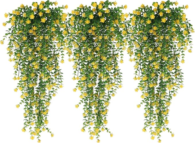 Outdoor Fake Hanging Plants,Hanging Plant Vine,Faux Eucalyptus Leafs Greenery Vine Plant Faux Plants Fake Plants Greenery for Jungle Theme Party Wedding Decoration(Yellow)