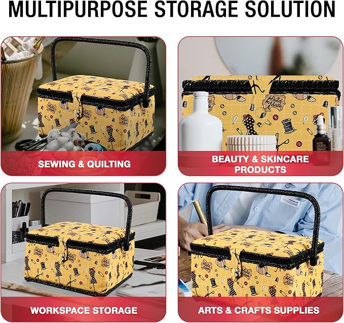 Sewing Basket with Sewing Kit Accessories (Yellow Vintage)