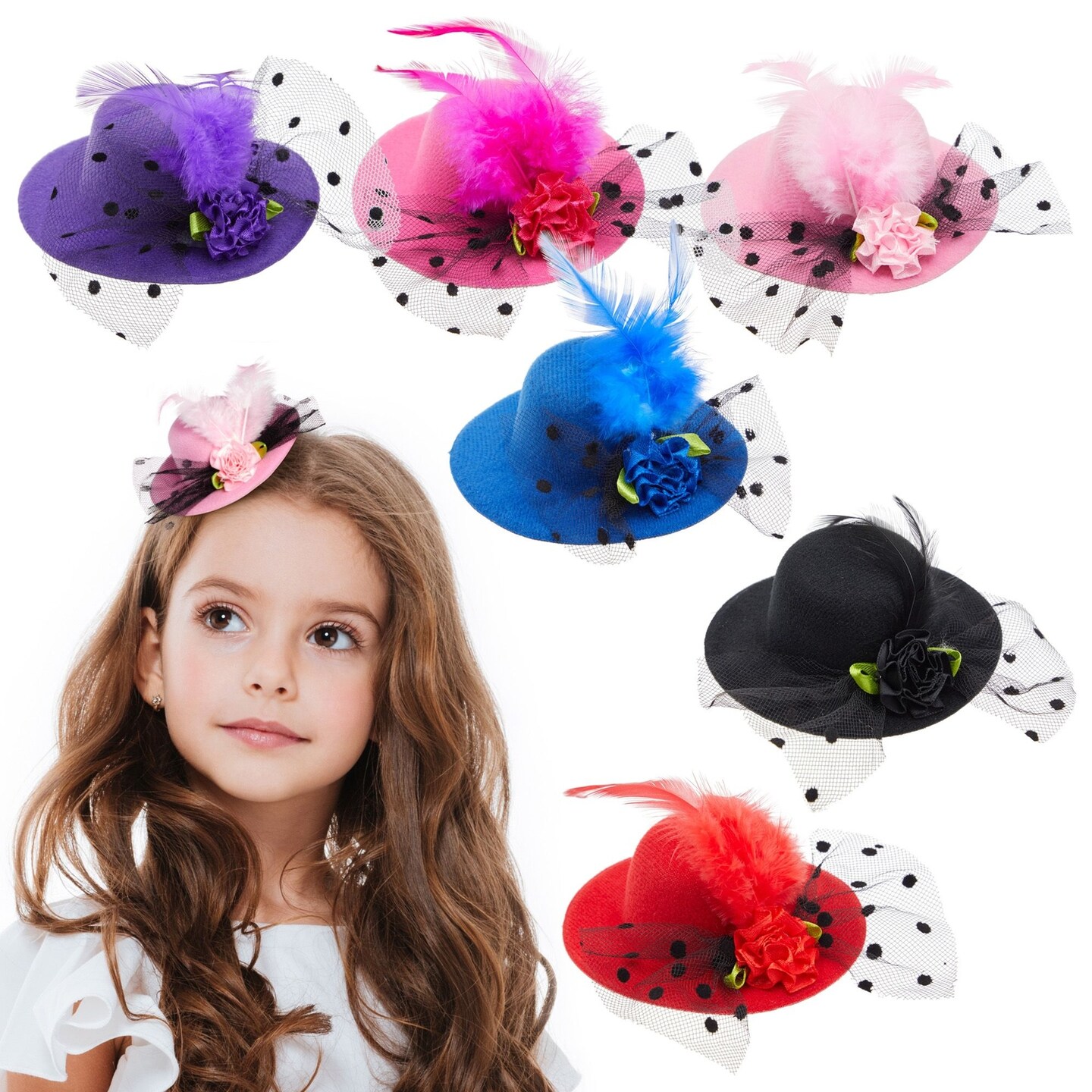 6 Pieces Mini Tea Party Hats for Women, Clip-On Design - Fancy Hair Fascinators for Women and Girls in 6 Colors, Tiny Hat Hair Clips for Tea Party Favors (4 Inches)