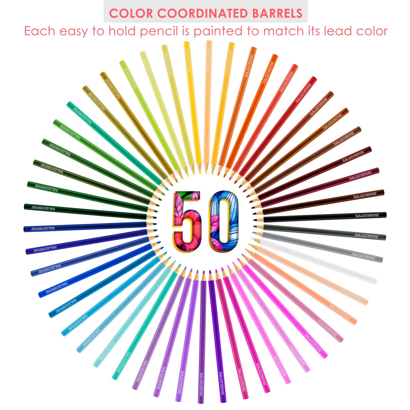 U.S. Art Supply 50 Piece Adult Coloring Book Artist Grade Colored Pencil Set with Case - Vibrant Colors, Smooth Art Drawing, Sketching, Kids Students