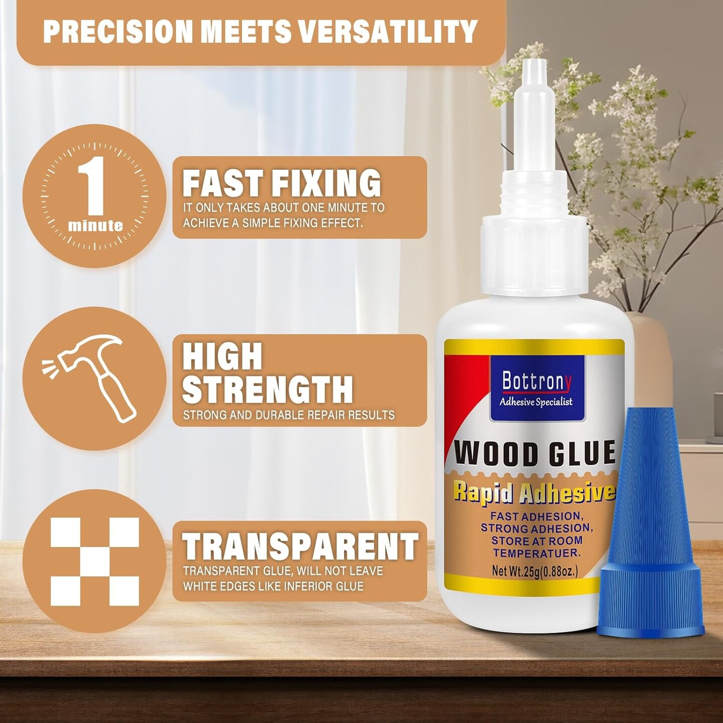 Wood Glue, 2 Pack Fast-Instant Super Glue for Wood, Clear Glue for Woodworking, Waterproof Cyanoacrylate Adhesives Ideal for Wooden Furniture, Wooden Product, Crafts, Floor, DIY