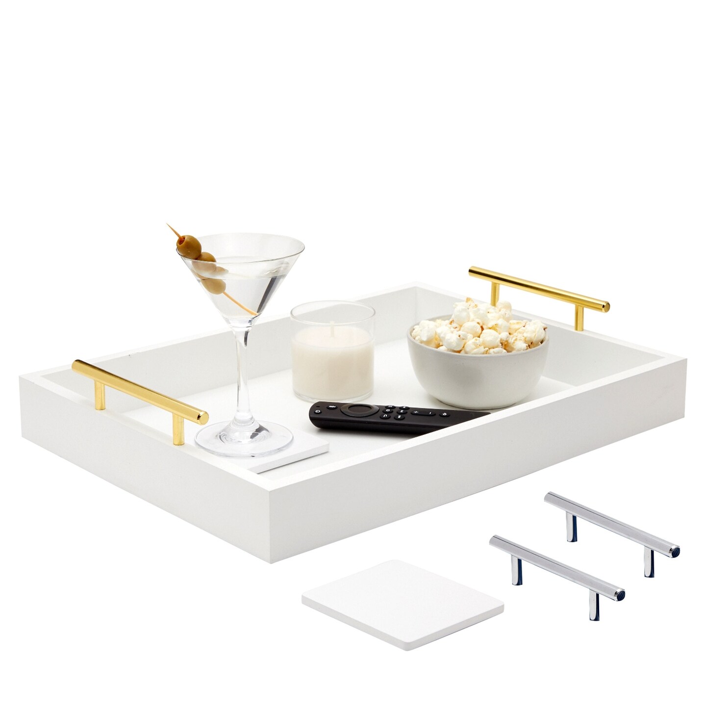 White Serving Tray for Coffee Table, 16x12&#x22; with Coasters, Decorative Interchangeable Gold and Silver Handles