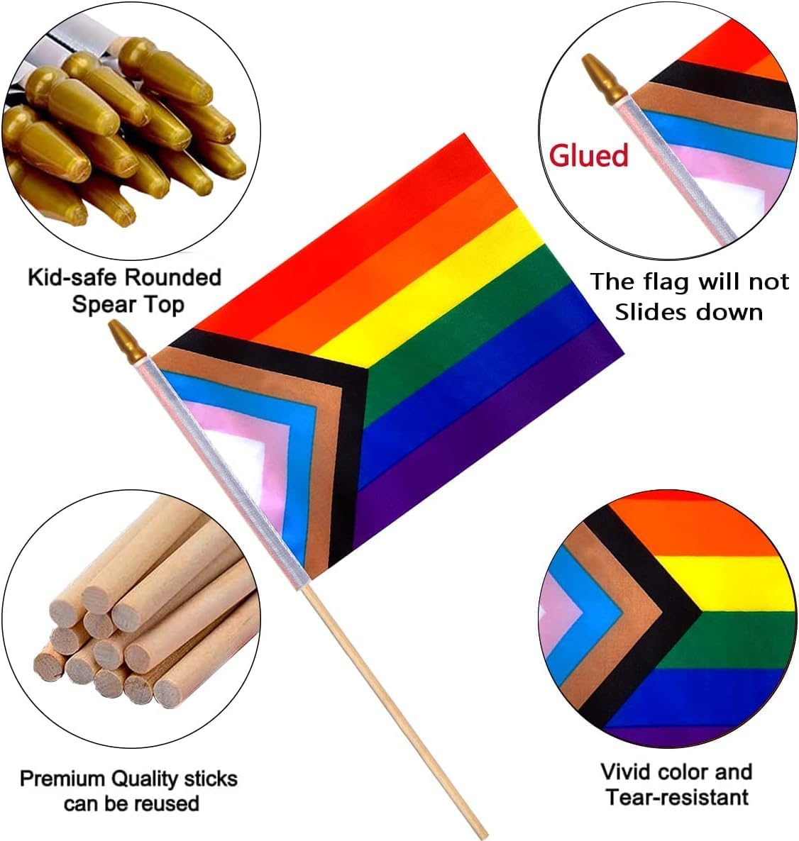 12Pcs Progress Rainbow Pride Flag 8x12 Inch Small Rainbow Flag on Stick, Mini Small Hand Held Pride Flags for LGBTQ Lesbian Gay Transgender, Perfect for Pride Events, Pride Month, Rainbow Festival (8×12 inch(12 Pcs))