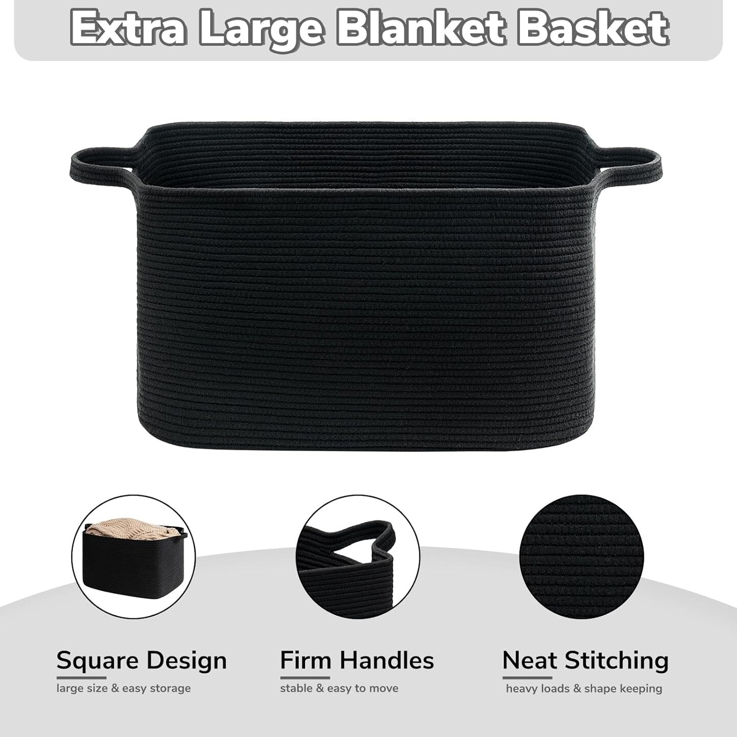 Summer Black Storage Basket for Living Room, Woven Baskets for Storage, Dirty Clothes Basket, Extra Large Rectangle Baby Baskets for Pillows, Toys, 24&#x22; x 16&#x22; x 14&#x22;