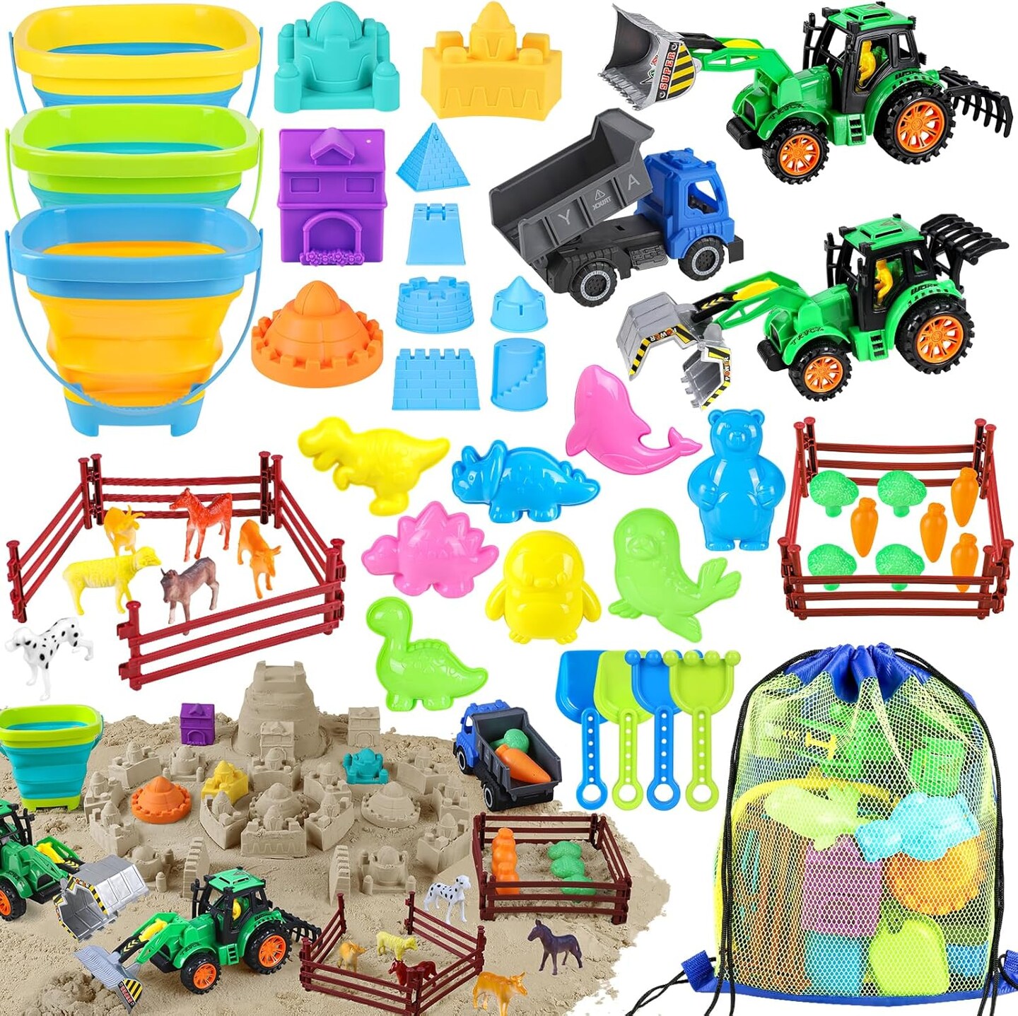 Summer Beach Toys, 45Pcs Farm Playset, Collapsible Sand Toys with Sand Buckets and Tractor Toy Set, Sand Castle Building Kit, Farm Toys, Animal Toys, Mesh Bag, Travel Beach Toys for Kids Ages 4-8