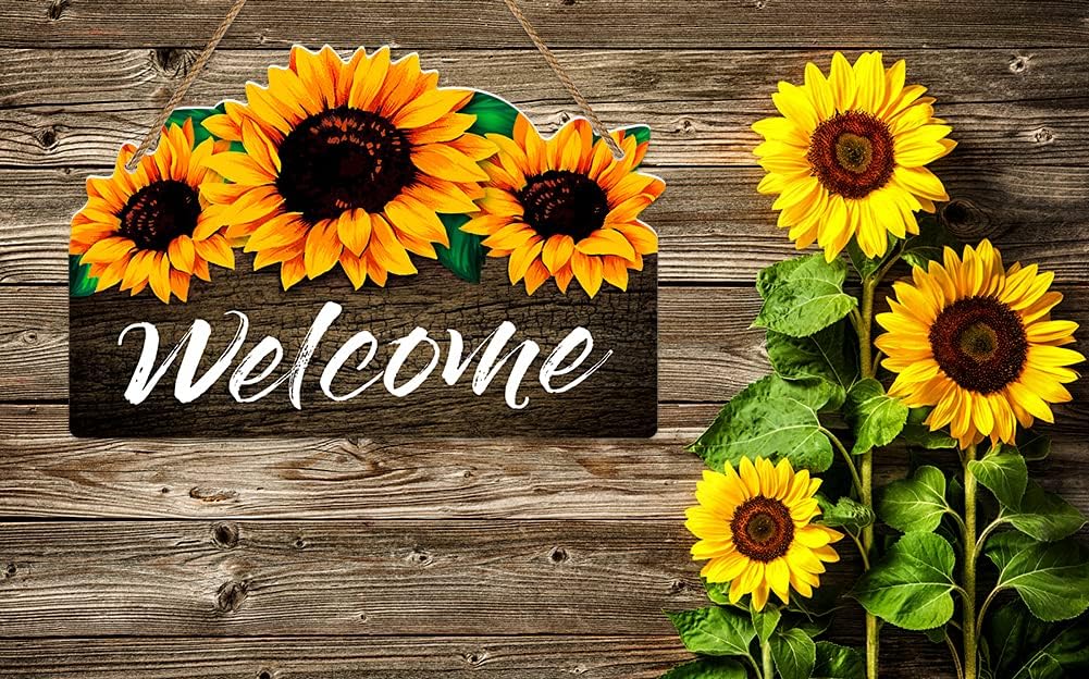 Welcome Sign for Front Door,8&#x22;x 12&#x22; Sunflower Welcome Sign,Rustic Summer Welcome Door Hanger,Welcome Sign for Front Porch Bedroom Living Room Indoor Outdoor Kitchen Home Decor