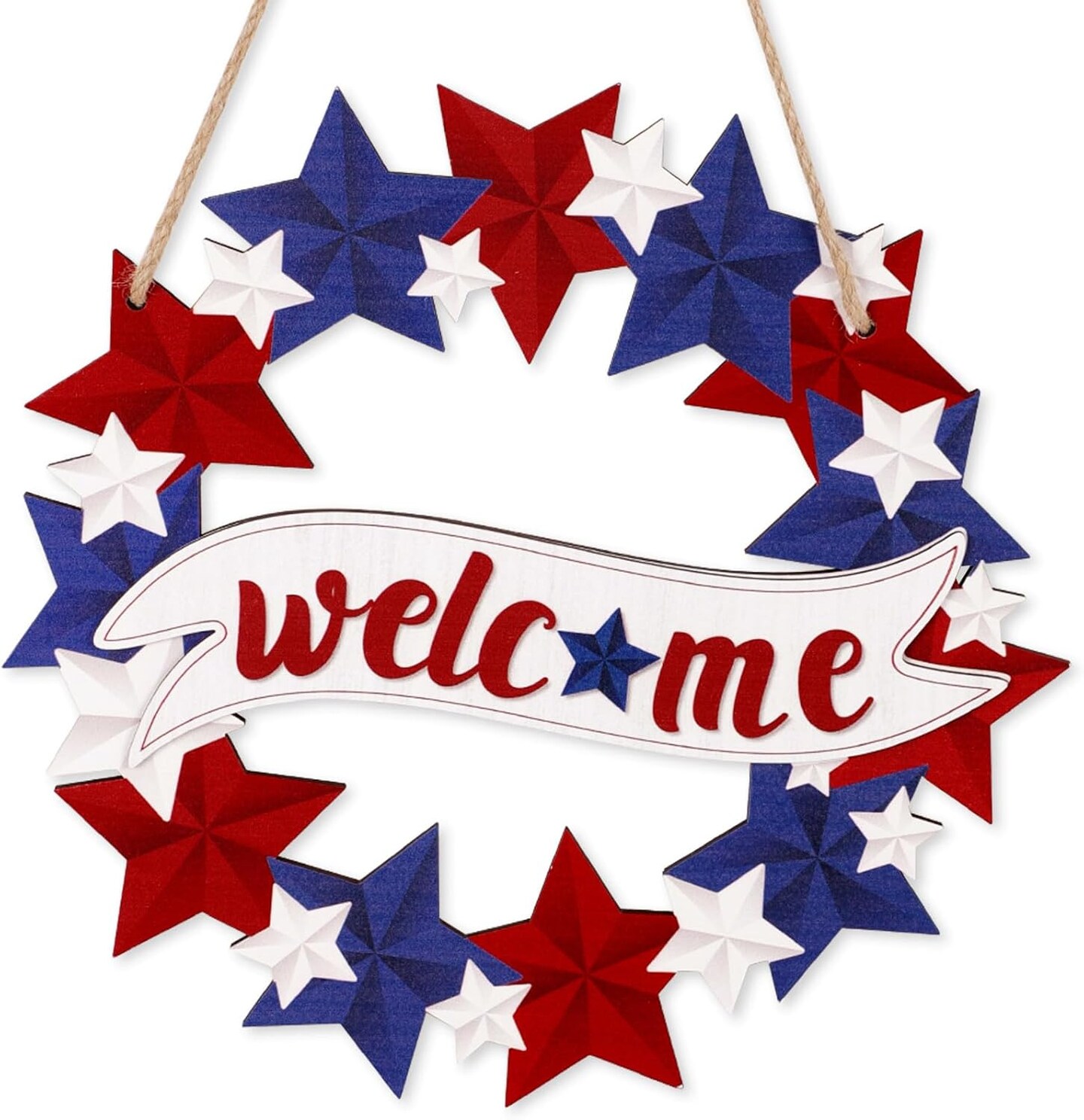 4th of July Welcome Wreath for Front Door – Wooden Red White and Blue Star Sign – USA 250th Anniversary Patriotic Porch Decor – All-Weather Memorial Day & Independence Day Wall Hanging for Outside Home