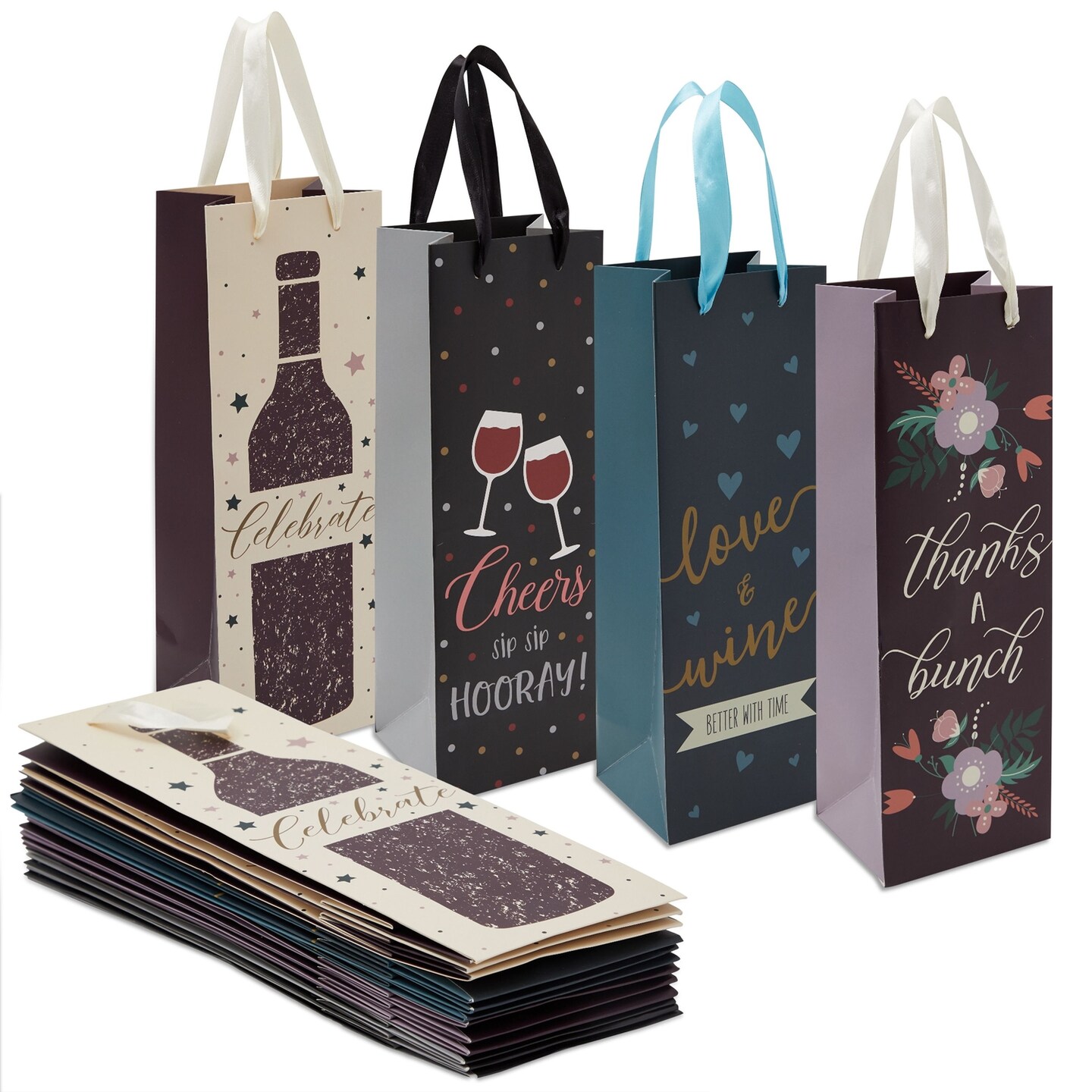12 Pack Wine Bottle Gift Bags with Handles, Bulk Set for Birthdays, Fathers Day, Mother&#x27;s Day, Engagement, Holidays, Christmas in 4 Designs (4.6 x 13.7 x 4 Inches)