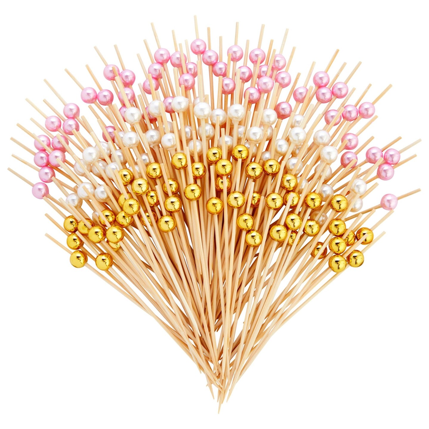 150 Pack of Decorative Toothpicks for Appetizers, Bamboo Food Picks (Pink, Gold, and White Pearl, 4.7 in)
